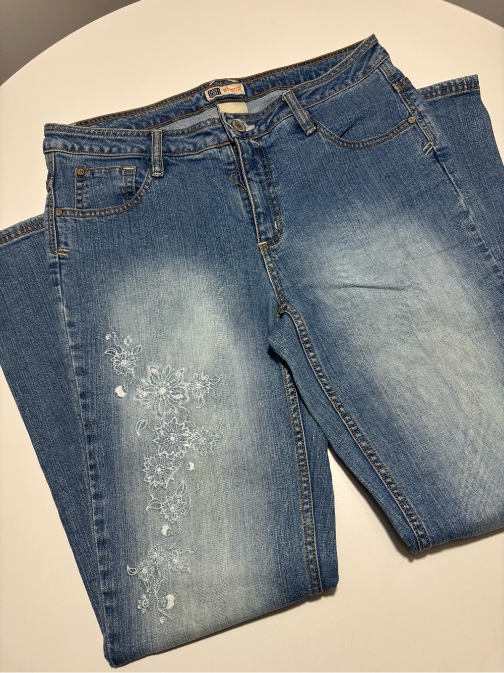 Faded Glory Light Wash Floral Embroidered Flare Jeans